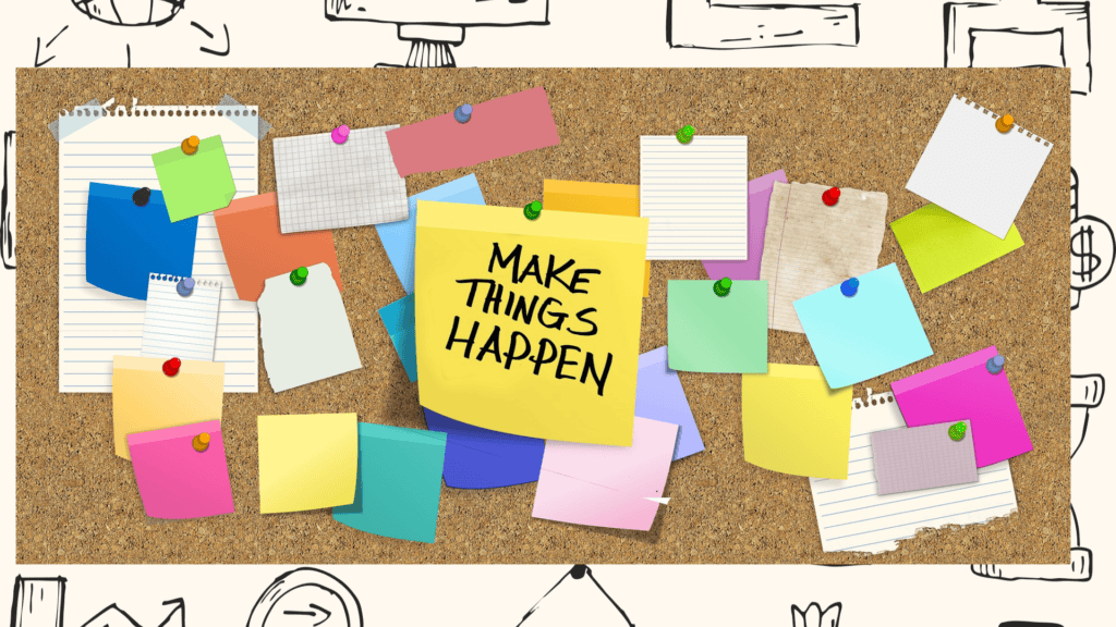 Time saving hacks for parents, a cork board with notes and drawings