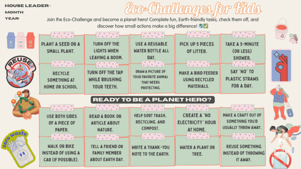 Eco-conscious kids challenge board with fun Earth-friendly activities like recycling, saving water, and planting trees
