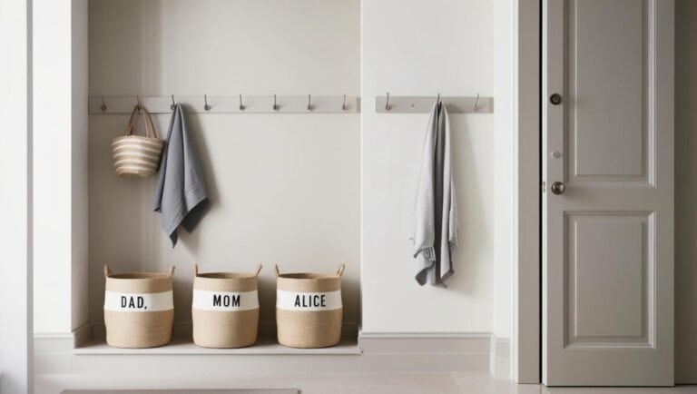 A tidy family entryway with labeled baskets and hooks — visual calm representing daily home management