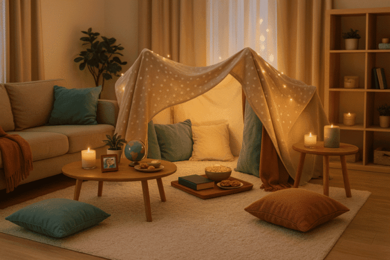 Cozy living room with candles, blanket fort, and snacks for the perfect staycation magic
